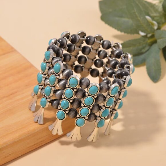 Women's Blue Howlite and Resin Stretch Bracelet in Silvertone - Picture 2 of 3